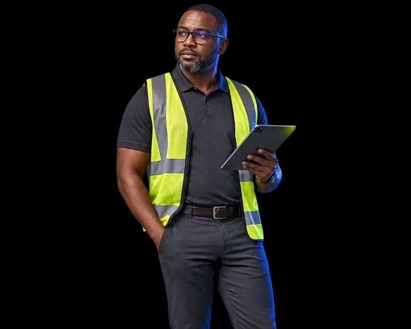 African service-business sales manager reviewing work on a tablet