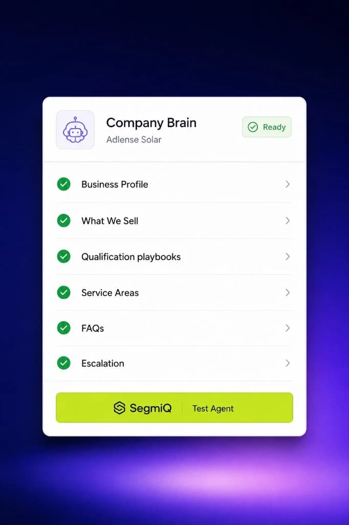 Company Brain for Adlense Solar — Business Profile, What We Sell, playbooks, Service Areas, FAQs and Escalation marked ready.