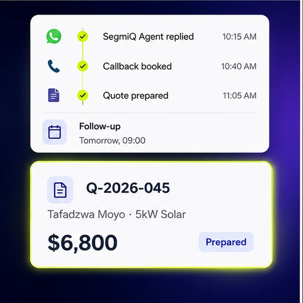 SegmiQ Agent replied, booked a callback, prepared quote Q-2026-045 for $6,800, follow-up tomorrow 09:00.